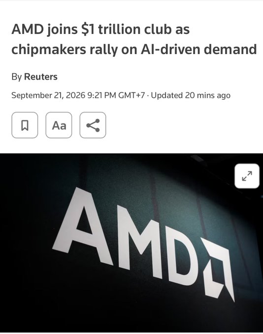 A news article headline reads 'AMD joins $1 trillion club as chipmakers rally on AI-driven demand' by Reuters, dated September 21, 2026, accompanied by the AMD logo.