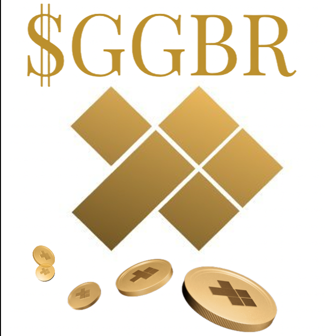 The image displays a gold-themed graphic featuring "$GGBR" in bold lettering at the top, alongside a geometric heart-shaped logo and scattered gold coins bearing the same emblem. It appears to be a promotional banner for $GGBR (Goldfish GGBR), visually reinforcing the branding of the cryptocurrency project mentioned in the post about earning $GFIN allocations across multiple channels.