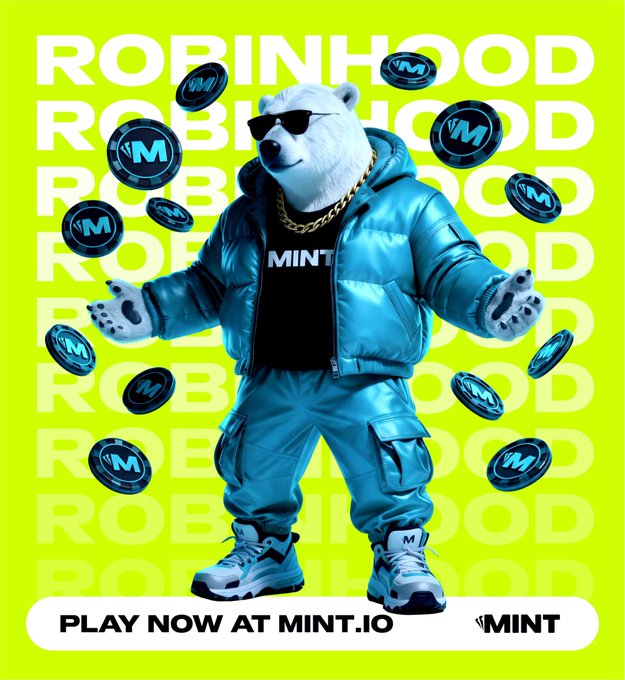 A promotional graphic featuring a polar bear mascot in sunglasses, a gold chain, and a blue puffer jacket, surrounded by floating MINT coins against a yellow background with 'ROBINHOOD' text and 'PLAY NOW AT MINT.IO' banner.