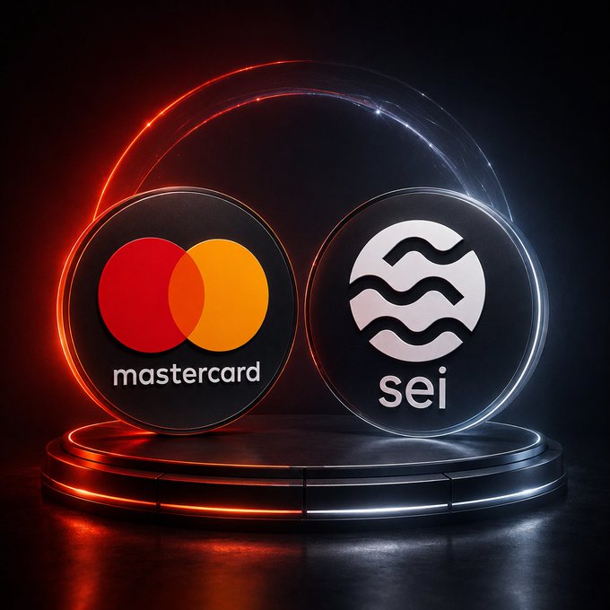 The image displays a 3D-rendered promotional graphic featuring the **Mastercard** logo (red and orange overlapping circles) and the **Sei (SEI)** logo (a white circular emblem with a wave symbol) positioned side by side on a glowing circular platform with dramatic orange and white neon lighting against a dark background. The visual reinforces the post's theme of a strategic partnership between the traditional payment giant Mastercard and the Sei Network blockchain, symbolizing a bridge between established financial infrastructure and emerging crypto technology.