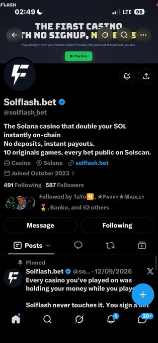 A screenshot of an X (formerly Twitter) profile for "Solflash.bet" (@sollflash_bet), described as 'The Solana casino that double your SOL instantly on-chain' with no deposits and instant payouts, joined October 2023.