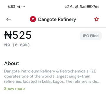 A mobile screenshot showing Dangote Refinery stock at ₦525 with an 'IPO Filed' tag and a description of Dangote Petroleum Refinery & Petrochemicals FZE.