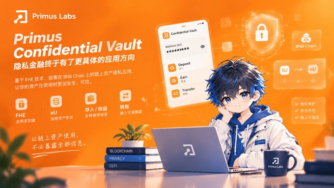 A promotional banner for Primus Labs' 'Primus Confidential Vault' featuring FHE technology, BNB Chain integration, and an anime-style character at a laptop.