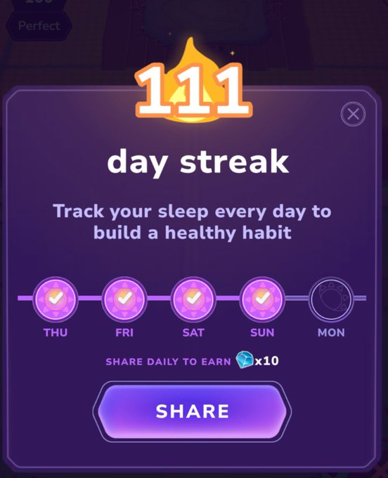 A mobile app screen showing a '111 day streak' achievement for tracking sleep, with a 'SHARE' button to earn in-game currency.