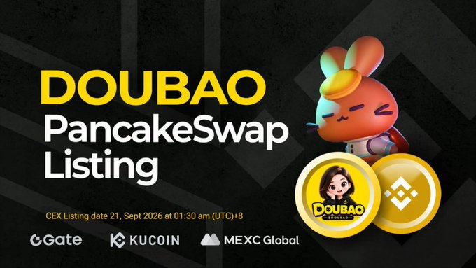 Promotional graphic announcing 'DOUBAO PancakeSwap Listing' with a CEX listing date of September 21, 2026, displayed alongside logos for Gate, KuCoin, and MEXC Global.