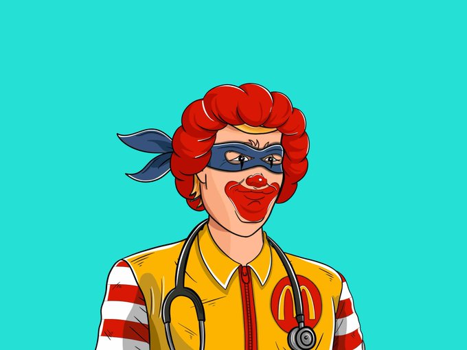 An illustration features the McDonald's mascot Ronald McDonald depicted as a masked superhero, wearing a yellow shirt and stethoscope against a teal background.