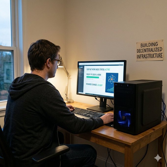 The image shows a man sitting at a desk, working on his computer. He has a monitor, keyboard, and mouse in front of him as he focuses on his tasks. The setting appears to be an office or workspace with a window nearby. There is also a sign posted next to the man's workstation that reads "Building decentralized infrastructure". This suggests that the man might be involved in some sort of project related to building a shared quantum computer, where users can contribute their computing power to solve optimization problems and earn tokens for their contributions.