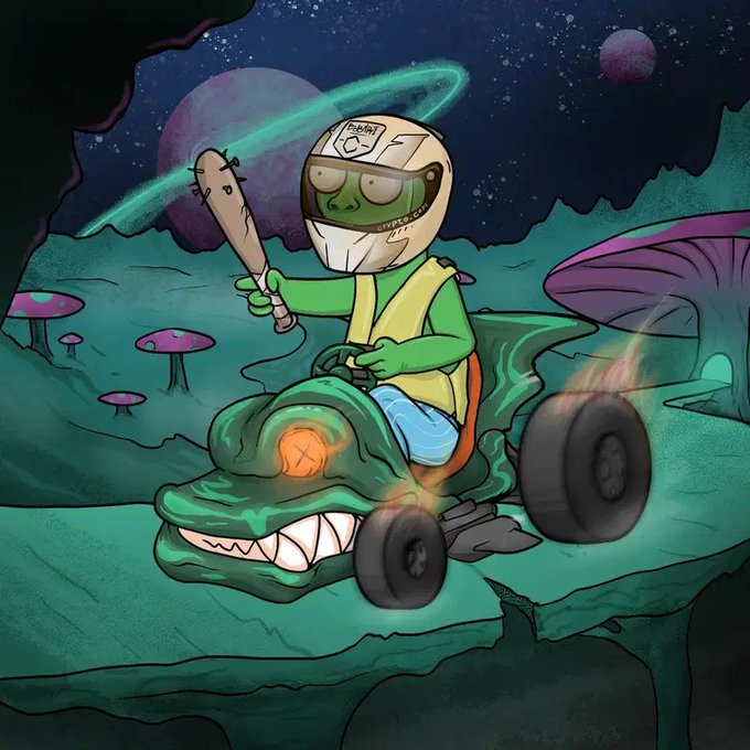 A cartoon illustration of a green Pepe-style frog character wearing a racing helmet and yellow vest, holding a spiked bat while riding a crocodile-shaped go-kart in a psychedelic mushroom landscape.