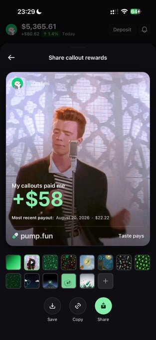 A mobile app screen showing 'Share callout rewards' with a profile 'czareemini', text 'My callouts paid me +$58' and 'Most recent payout: August 20, 2026 · $22.22', alongside a pump.fun link and 'Taste pays' label.