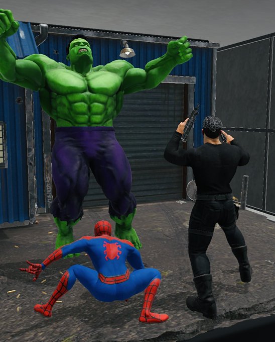A 3D-rendered scene showing the Hulk roaring with raised arms while Spider-Man crouches nearby and a tactical agent in black aims a rifle at the Hulk in an industrial setting.