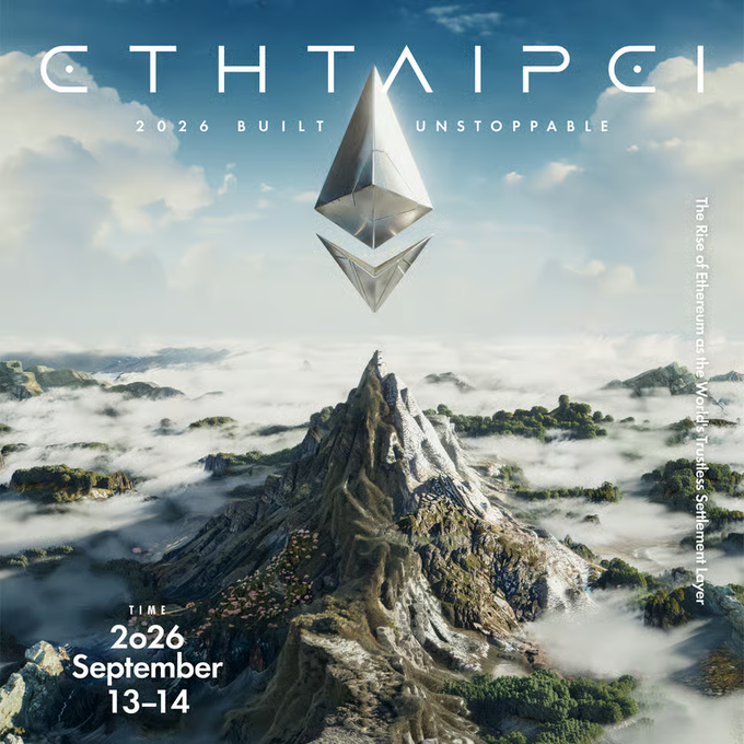 The image is a promotional poster for ETHTaipei, featuring the Ethereum logo hovering over a mountain peak above the clouds, with the text "2026 BUILT UNSTOPPABLE" at the top and event details "2026 September 13-14" along with the tagline "The Rise of Ethereum on the World's Trustless Settlement Layer" on the side. The poster directly promotes the ETHTaipei event mentioned in the accompanying post, visually representing Ethereum's dominance in the blockchain space.