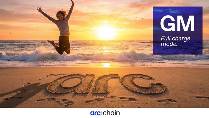 ArcChain promotional image showing a woman joyfully jumping on a beach at sunset with 'arc' written in the sand and a 'GM - Full charge mode.' logo overlay.