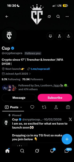 A screenshot of a social media profile for 'Cup' (@cryptocupra), describing them as 'Crypto since 17' | Trencher & Investor | NFA DYOR |' with 70.9K Followers.