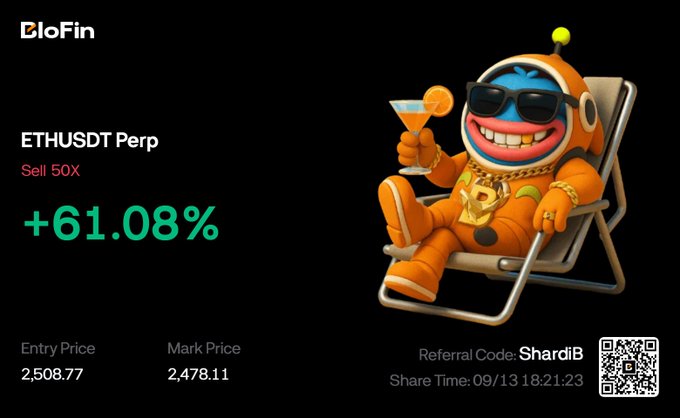 A BloFin promotional image showcases a +61.08% return on an ETHUSDT Perp Sell 50X trade (entry at 2,508.77, mark price 2,478.11), featuring a cartoon astronaut mascot lounging with a cocktail—illustrating the easy weekend short profit referenced in the caption.