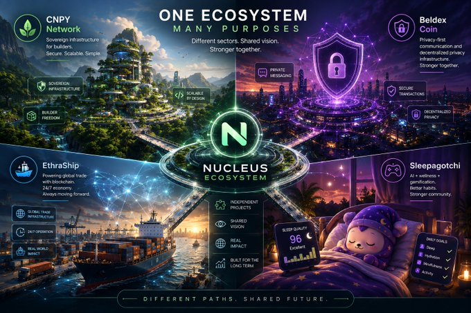 A promotional graphic titled 'ONE ECOSYSTEM, MANY PURPOSES' showcasing the Nucleus Ecosystem with CNPY Network, Beldex Coin, EthraShip, and Sleepagotchi connected through a central N hub, with the tagline 'DIFFERENT PATHS. SHARED FUTURE.'