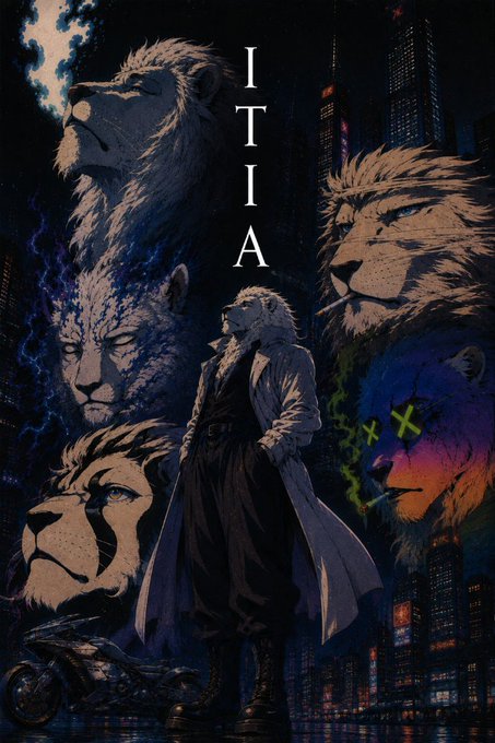 A dark, stylized anime/manga artwork titled 'ITIA' featuring a central character in a long coat surrounded by multiple lion faces and a colorful lion head with 'XX' eyes against a cityscape backdrop.