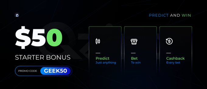 The image displays a promotional banner for Qzino featuring a "$50 Starter Bonus" with promo code "GEEK50," alongside icons highlighting "Predict," "Bet," and "Cashback" features under the tagline "Predict and Win." This visual supports the post's claim about Qzino's $50 starter bonus for new users and its crypto casino and sportsclub betting platform.