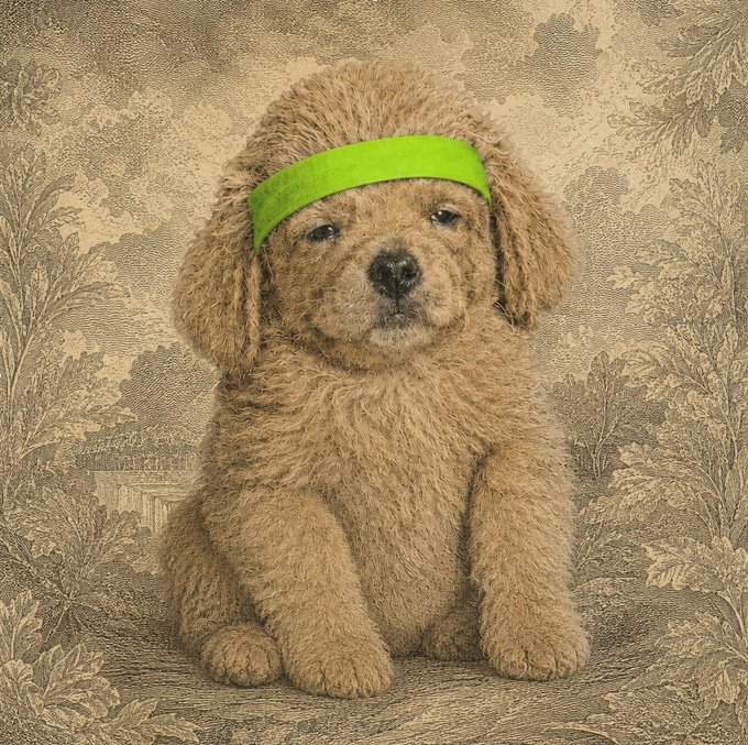 A fluffy brown puppy sits against a vintage patterned background, wearing a bright green headband. The image gives an earnest, hopeful “$1 and a dream” $ROBIN vibe, symbolizing a small investment with big aspirations.