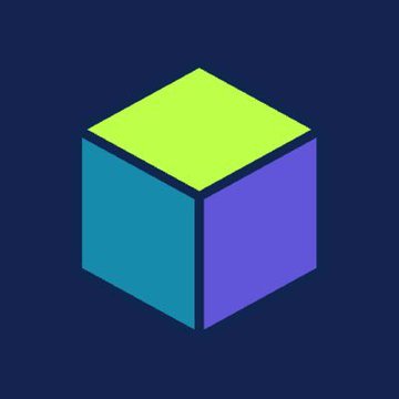 An isometric 3D cube illustration with a yellow-green top, teal left side, and purple right side on a dark navy background.