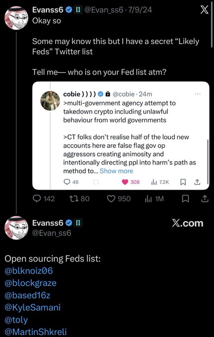 A Twitter/X screenshot from user 'Evanss6' (@Evan_ss6) discussing a secret 'Likely Feds' Twitter list, quoting a tweet from 'cobie' about government accounts.