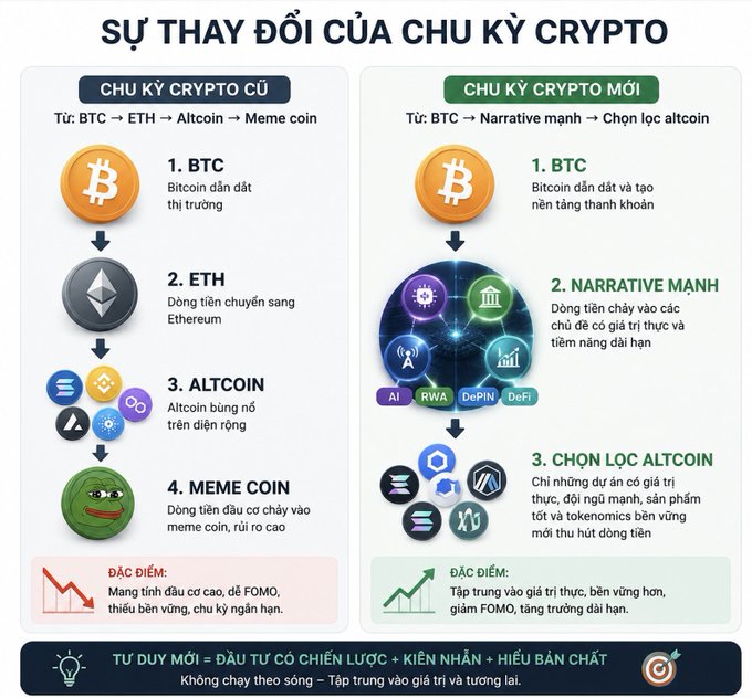 Infographic in Vietnamese titled 'SỰ THAY ĐỔI CỦA CHU KỲ CRYPTO' comparing the old crypto cycle (BTC → ETH → Altcoin → Meme coin) with the new cycle (BTC → Strong Narrative → Selective Altcoin) focusing on AI, RWA, DePIN, DeFi.