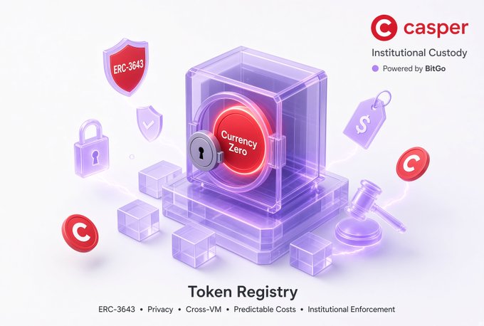 A promotional graphic for "Casper Institutional Custody, Powered by BitGo" featuring a 3D vault labeled "Currency Zero" surrounded by security icons including a shield marked "ERC-3643," padlocks, and Casper logos, with the caption "Token Registry — ERC-3643 • Privacy • Cross-VM • Predictable Costs • Institutional Enforcement."

The image visually reinforces the post's claim that Casper positions $CSPR as "currency zero" by anchoring the Token Registry inside a institutional-grade custody vault, emphasizing the security, privacy, and enforcement pillars tied to ERC-3643 compliance.