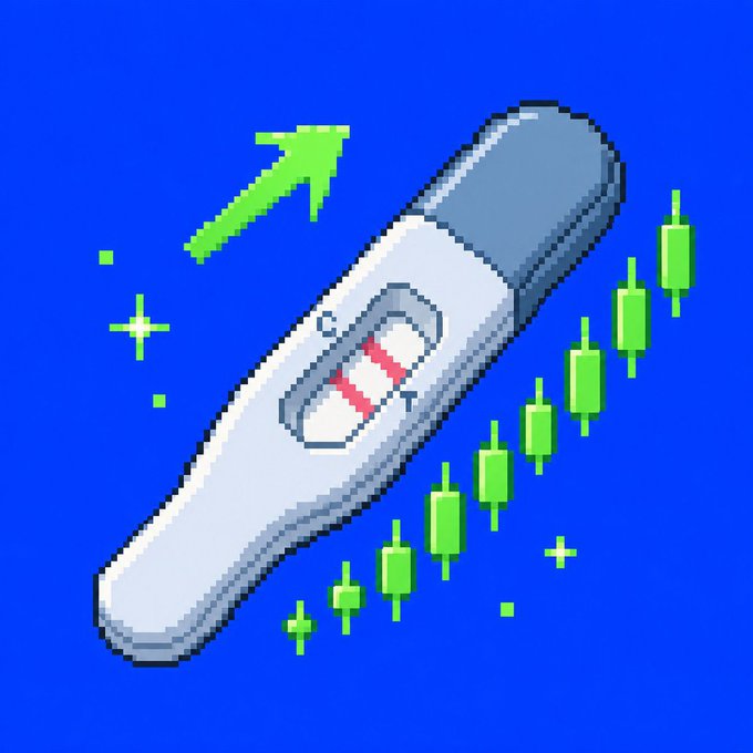 A pixel-art illustration features a pregnancy test displaying a positive result (two pink lines labeled C and T) on a blue background, accompanied by an upward green arrow and a rising candlestick chart. The image creatively visualizes the "early" or pre-trend sentiment of the post, suggesting that the $TWOLINE token is in its early phase before a major breakout, with the positive test symbolizing the post author's bullish conviction and the chart foreshadowing imminent upside.