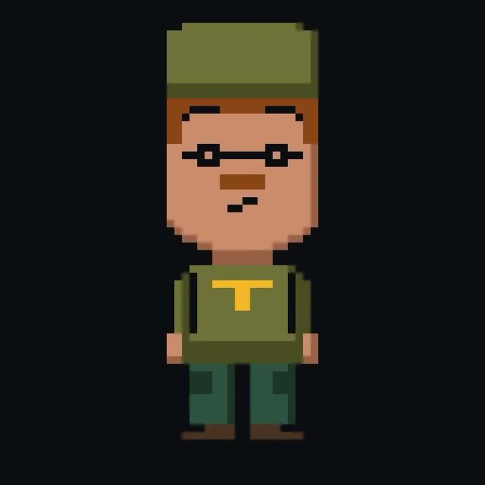 A pixel art illustration of a character wearing glasses, a green cap, and a green shirt with a yellow "T" on it, standing against a dark background. The character appears as a generic "syncer" avatar, fitting the post's theme of an NFT mint where users choose one wallet to "sync" with and receive one of two possible characters.