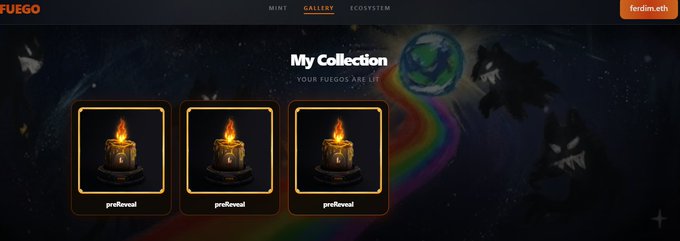 A screenshot of the Fuego NFT Gallery website showing "My Collection" with the text "YOUR FUEGOS ARE LIT" displayed above three identical NFT candle tokens, reflecting the user's post about minting 3 NFTs from their allocation at fuegonft.