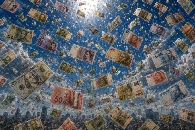 A vibrant sky filled with various banknotes from around the world, including US dollars, British pounds, and denominations like 50, 100, 500, 1000, 5000, 10000, and 50000, rains down upon a city skyline, visually representing the "BANKNOTES Challenge" mentioned in the post.