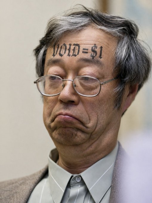 An elderly Asian man with glasses and a displeased expression has the text 'VOID=$1' written across his forehead.