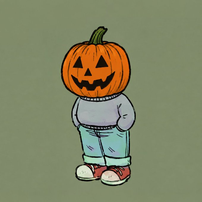 A cartoon illustration of a character wearing a light blue sweater and teal pants, with a carved jack-o'-lantern pumpkin for a head, standing against a green background.