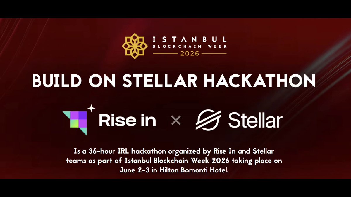 The image features a banner promoting an Istanbul Hackathon, with the text "Build On Stellar Hackathon" and "Rise In x @Stellar". The banner also includes information about the event, such as the date (June 2-3rd) and the location of the event (Hilton Bosphorus Hotel). Additionally, there is a list of tips for those participating in the hackathon.