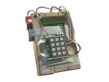 A homemade electronic device with an LCD screen, keypad, and wires mounted on a cardboard base.