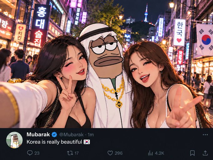 A Twitter post by Mubarak (@Mubarak_) captioned 'Korea is really beautiful 🇰🇷' showing an AI-generated image of two women and a meme character in Dubai-style clothing posing in a neon-lit Korean street.