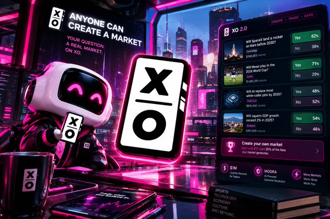 A promotional graphic for 'XO 2.0' features a white robot holding an XO card against a neon-lit cyberpunk cityscape. Text reads 'ANYONE CAN CREATE A MARKET' alongside a trading interface showing various prediction markets with yes/no percentages.
