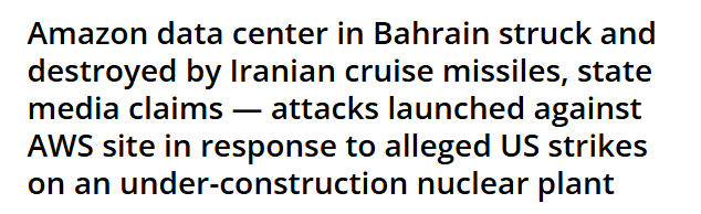 A headline reads "Amazon data center in Bahrain struck and destroyed by Iranian cruise missiles, state media claims — attacks launched against AWS site in response to alleged US strikes on an under-construction nuclear plant," paired with a post emphasizing the importance of geographically distributed custody with built-in disaster recovery to safeguard against physical-world disruptions.