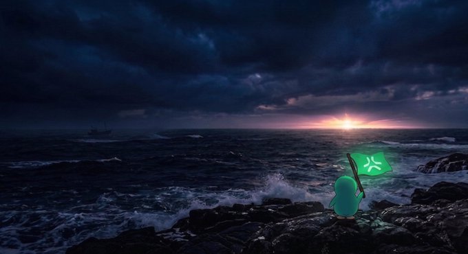 An illustrated scene of a small green cartoon character holding a glowing green flag with the Solana logo, standing on rocky shore facing a stormy ocean at sunset with a ship in the distance.