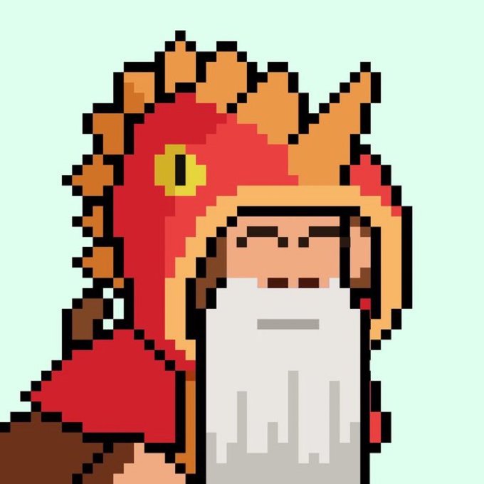 Pixel art depiction of a bearded king wearing a red and gold crown with a long white beard, set against a pale green background.