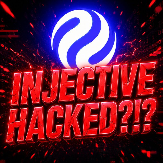 A dramatic graphic featuring the Injective logo above bold red text reading "INJECTIVE HACKED?!?" against a dark background with red energy effects, visually emphasizing the post's alarming headline about a reported security incident on the Injective blockchain (which the post clarifies was a bug in binary-options settlement, not a breach of the core chain).