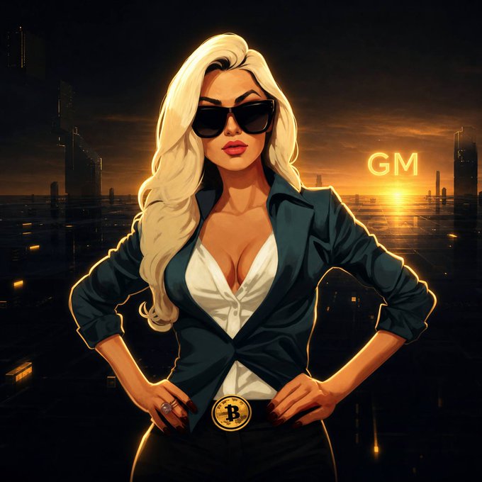 A stylized illustration of a blonde woman wearing sunglasses and a teal blazer with a Bitcoin belt buckle, standing before a sunset cityscape with "GM" text in the background.