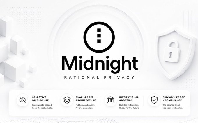 A white promotional graphic for 'Midnight - Rational Privacy' featuring four service pillars: Selective Disclosure, Dual-Ledger Architecture, Institutional Adoption, and Privacy + Proof + Compliance.