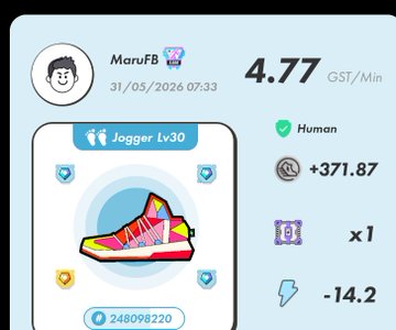 The image shows a blue screen displaying information about a fitness app, specifically focusing on a user's progress towards their daily step goal of 10,000 steps. The app provides details such as the number of steps taken so far, the total number of steps needed for the day, and the remaining steps to reach the goal. There are also badges indicating achievements like "Human", "Healthy", or "SuperWalk". A cartoon character is present in the image, possibly representing a fitness-related game or challenge within the app.