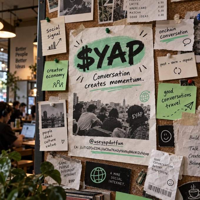 A corkboard collage featuring various pinned notes and photos with the central focus being a large '$YAP' sign with the text 'Conversation creates momentum' and '@useyapdotfun' below it.
