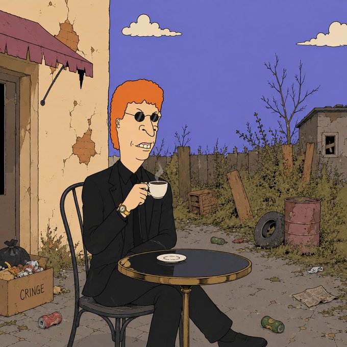 A stylized cartoon illustration of a man with orange curly hair and round sunglasses wearing a black suit, sitting at a small table drinking coffee in a dilapidated outdoor area featuring a box labeled 'CRINGE.'