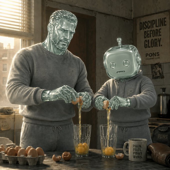 Two glass-textured humanoid figures, one bearded man and one robot-headed, crack eggs into glasses in a kitchen with posters reading 'DISCIPLINE BEFORE GLORY' and 'PAIN FUEL PONS WINS.'