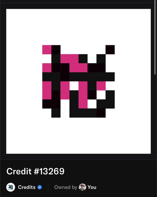 An NFT listing showing a pixelated pink and black abstract artwork credited to user 'You' as 'Credit #13269' with a verified checkmark.