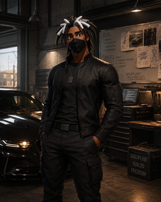 A digital artwork of a character with dreadlocks, a black face mask, and a black leather jacket standing in a garage setting, with a whiteboard listing goals like 'FOCUS', 'DISCIPLINE', and 'EXECUTION' behind him.