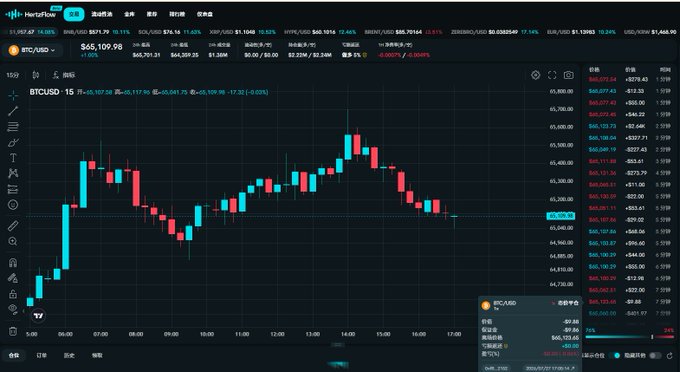 A cryptocurrency trading chart on HueGlobalPro showing BTC/USD at $66,109.98 with a candlestick price chart displaying market fluctuations throughout the day.
