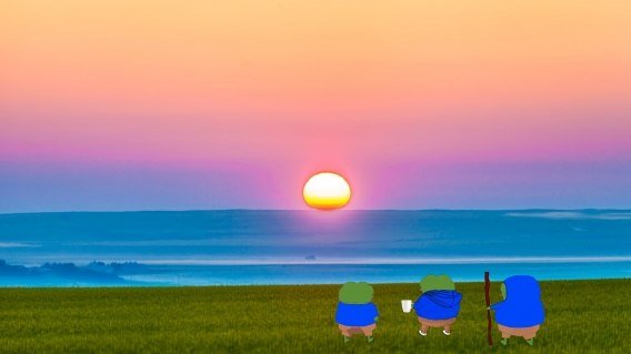 A pixel-art style illustration of three blue Smurf-like characters sitting on green grass watching a sunset over the ocean.